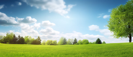 Blurred background of spring nature with a nicely trimmed lawn against a blue sky and clouds on a bright sunny day.の素材
