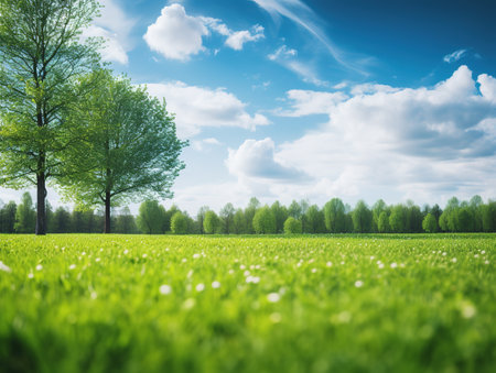 Blurred background of spring nature with a nicely trimmed lawn against a blue sky and clouds on a bright sunny day.の素材