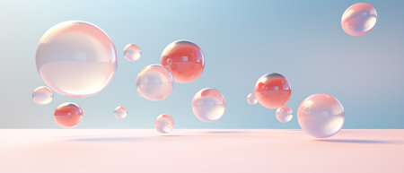 Floating spheres 3d rendering empty space for product show on pastel background.の素材