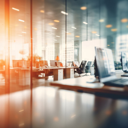 Blurred empty open space office. Design background with abstract light bokeh at office interior.の素材