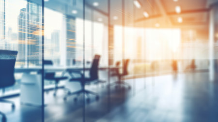 Blurred empty open space office. Design background with abstract light bokeh at office interior.の素材