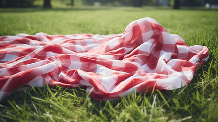 Red and white plaid picnic blanket on top of a green field in sunny day on grass of lawn in summer park. Blurred Background.の素材