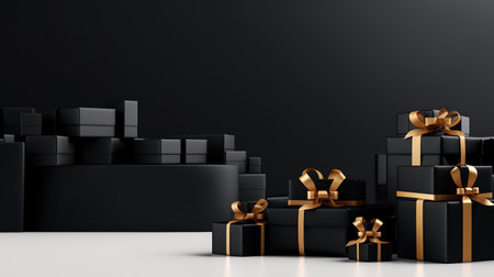 Black Friday Super Sale banner with realistic black gifts boxes and gold bows. Dark background golden with copy space.の素材