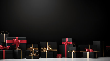 Black Friday Super Sale banner with realistic black gifts boxes and gold bows. Dark background golden with copy space.の素材