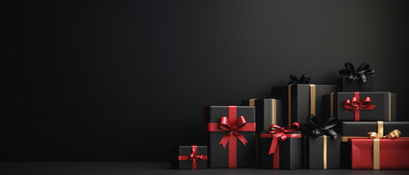 Black Friday Super Sale banner with realistic black gifts boxes and gold bows. Dark background golden with copy space.の素材