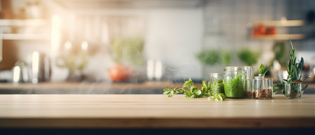 Blurred modern kitchen view. Scandinavian kitchen, minimalist design white accents. Ideal for product display or design layouts.の素材