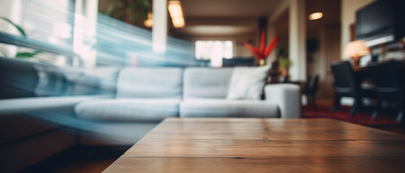 Blurred modern living room interior with stylish sofa and wooden lamp for captivating backgroundsの素材