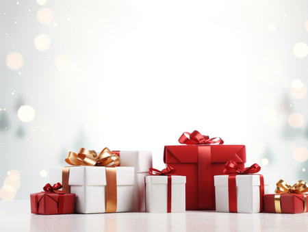 Christmas present packing with festive gifts and tools border on white backdrop. New Year's decor, copy spaceの素材