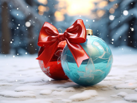 Festive Christmas scene with decor in snow over blurred bokeh background and copy space for your xmas greetingsの素材
