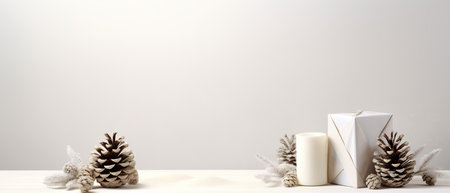 Christmas card mockup with gift box, fir branches, and cozy background. Minimalist style in white and beigeの素材