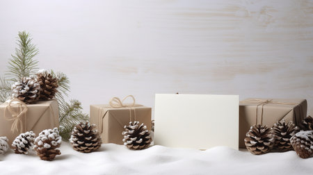 Christmas card mockup with gift box, fir branches, and cozy background. Minimalist style in white and beigeの素材