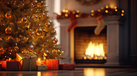 Christmas scene by the fireplace with bokeh lighting, blurred holiday backdrop. Festive home ambianceの素材