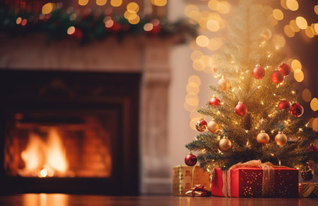 Christmas scene by the fireplace with bokeh lighting, blurred holiday backdrop. Festive home ambianceの素材