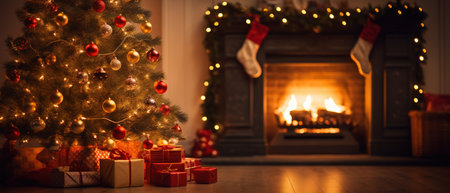 Christmas scene by the fireplace with bokeh lighting, blurred holiday backdrop. Festive home ambianceの素材
