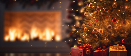 Christmas scene by the fireplace with bokeh lighting, blurred holiday backdrop. Festive home ambianceの素材