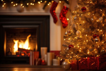 Christmas scene by the fireplace with bokeh lighting, blurred holiday backdrop. Festive home ambianceの素材