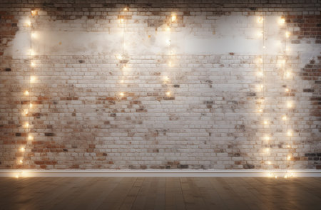 Minimalist white brick wall adorned with shimmering Christmas lights, perfect for backgroundの素材