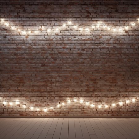 Minimalist white brick wall adorned with shimmering Christmas lights, perfect for backgroundの素材