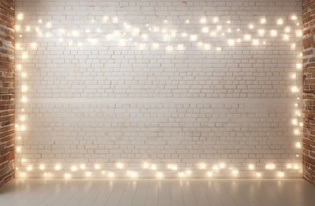 Minimalist white brick wall adorned with shimmering Christmas lights, perfect for backgroundの素材