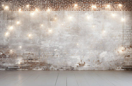 Minimalist white brick wall adorned with shimmering Christmas lights, perfect for backgroundの素材