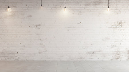 Minimalist white brick wall adorned with shimmering Christmas lights, perfect for backgroundの素材