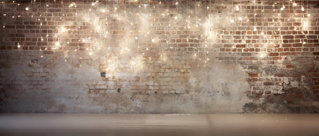 Minimalist white brick wall adorned with shimmering Christmas lights, perfect for backgroundの素材