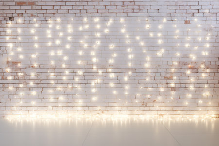 Minimalist white brick wall adorned with shimmering Christmas lights, perfect for backgroundの素材