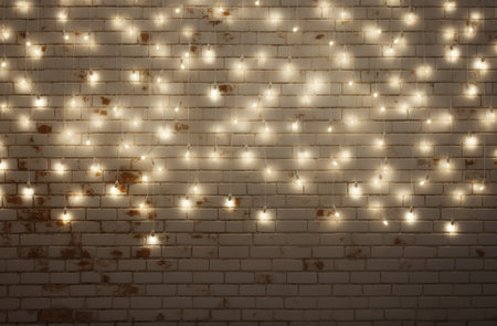 Minimalist white brick wall adorned with shimmering Christmas lights, perfect for backgroundの素材