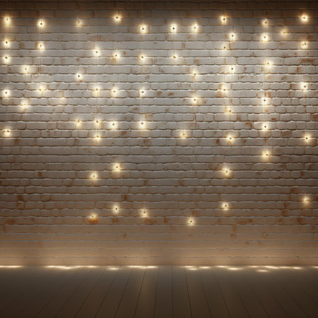 Minimalist white brick wall adorned with shimmering Christmas lights, perfect for backgroundの素材