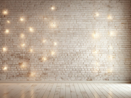 Minimalist white brick wall adorned with shimmering Christmas lights, perfect for backgroundの素材