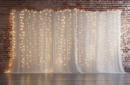 Minimalist white brick wall adorned with shimmering Christmas lights, perfect for backgroundの素材