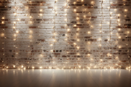 Minimalist white brick wall adorned with shimmering Christmas lights, perfect for backgroundの素材