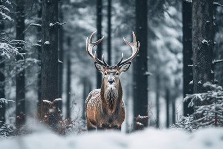 A deer stands in front of a snow covered field in a winter forestの素材