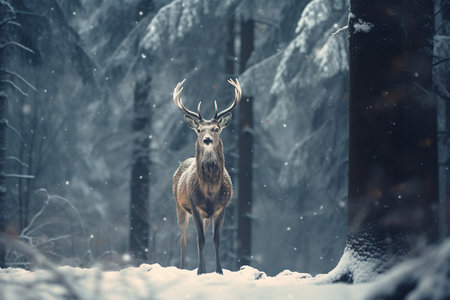 A deer stands in front of a snow covered field in a winter forestの素材