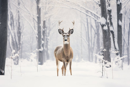 A deer stands in front of a snow covered field in a winter forestの素材