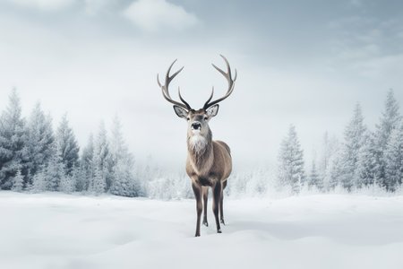 A deer stands in front of a snow covered field in a winter forestの素材