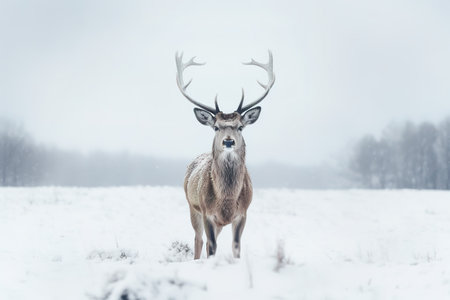 A deer stands in front of a snow covered field in a winter forestの素材