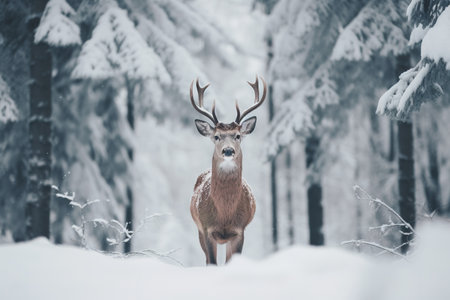 A deer stands in front of a snow covered field in a winter forestの素材