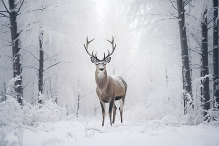 A deer stands in front of a snow covered field in a winter forestの素材