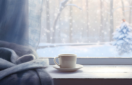 Cozy winter scene. Coffee, open book, and plaid on vintage windowsill in cottage, snowy landscape with snowdrift outsideの素材