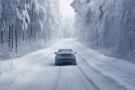 Car driving on snow covered forest road in winterの素材