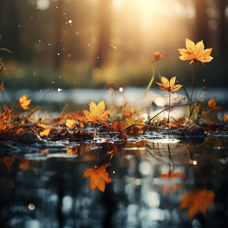 Falling autumn background with bokeh effect, abstract design with copy spaceの素材
