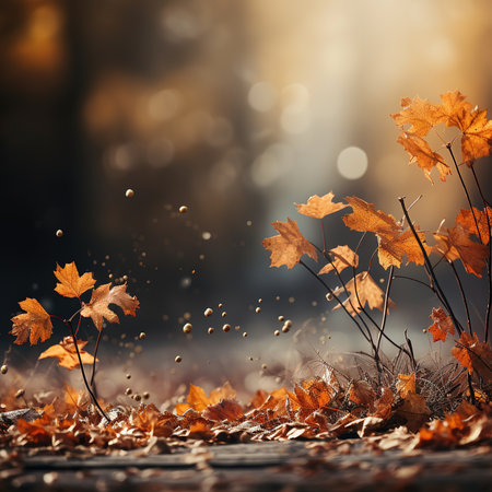 Falling autumn background with bokeh effect, abstract design with copy spaceの素材