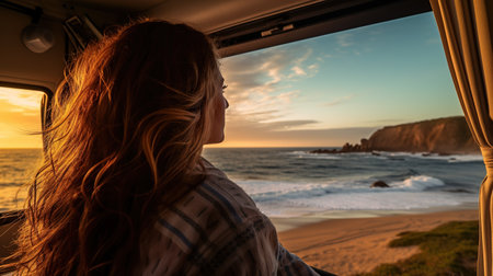 Young woman in her camper enjoying a scenic beach view, a tranquil moment of wanderlust and adventureの素材