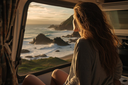 Young woman in her camper enjoying a scenic beach view, a tranquil moment of wanderlust and adventureの素材