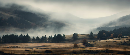 Spooky autumn mountains covered in fog, creating a mysterious and eerie atmosphereの素材