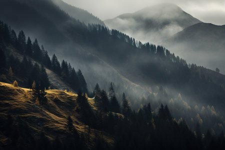 Spooky autumn mountains covered in fog, creating a mysterious and eerie atmosphereの素材