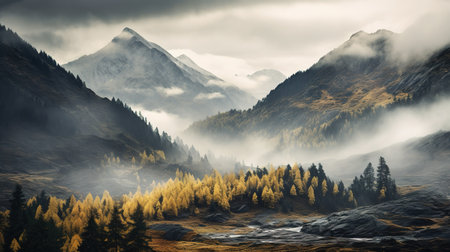 Spooky autumn mountains covered in fog, creating a mysterious and eerie atmosphereの素材