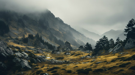 Spooky autumn mountains covered in fog, creating a mysterious and eerie atmosphereの素材