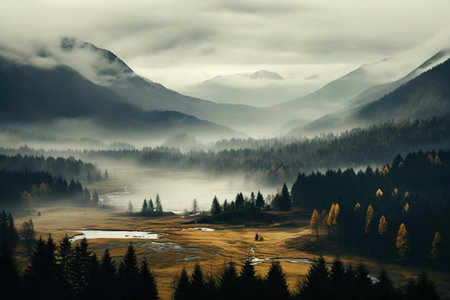 Spooky autumn mountains covered in fog, creating a mysterious and eerie atmosphereの素材